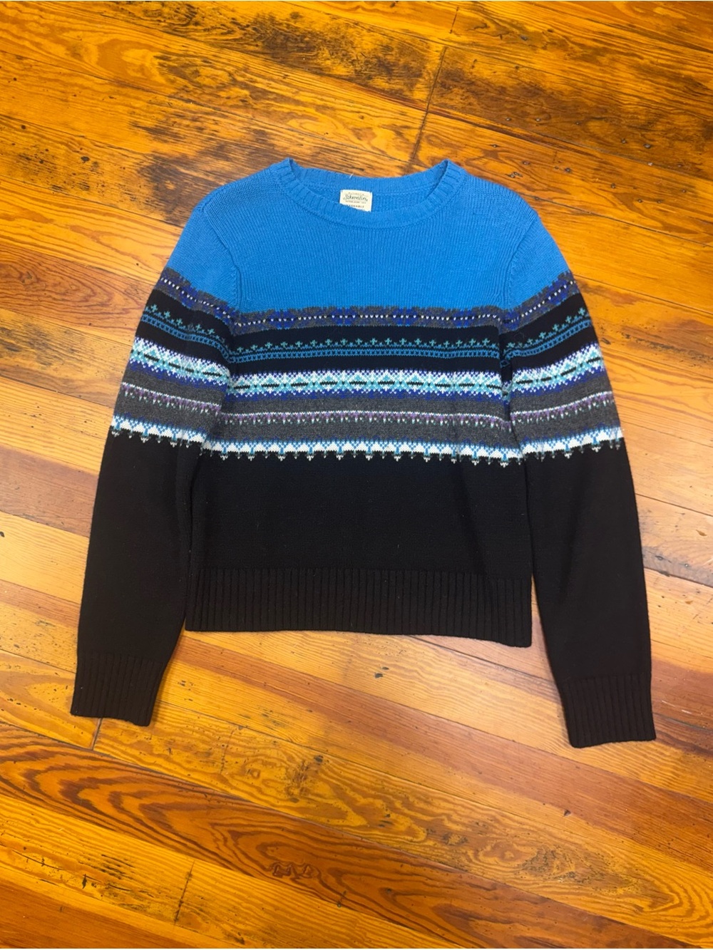 Vintage St Johns Bay 100% Lambswool Fair Isle Sweater Medium Blue Black 90s